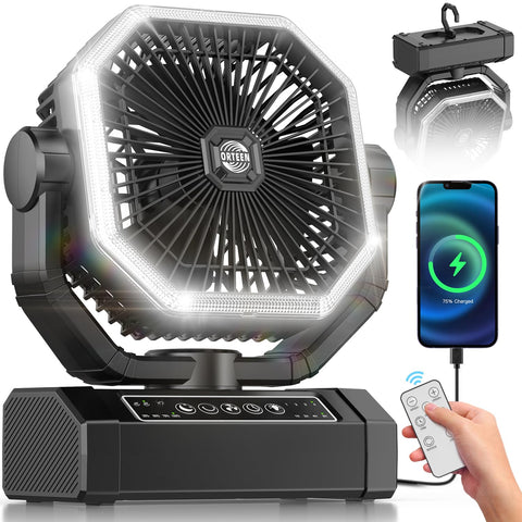 Orteen portable rechargeable 9-inch fan for camping and long-lasting cooling.