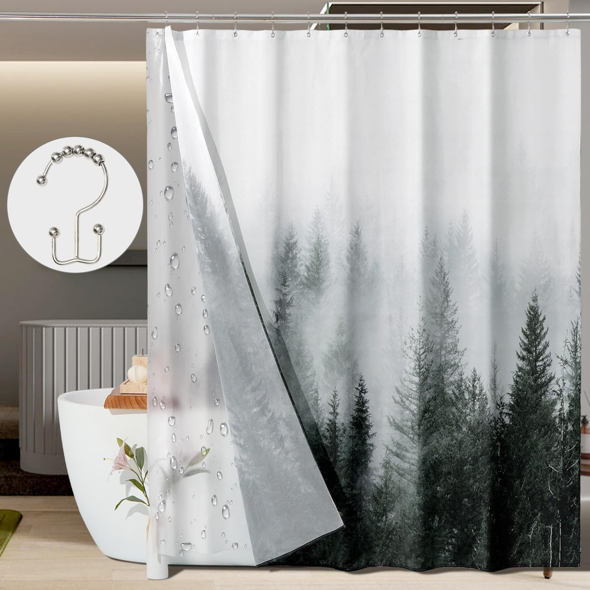ORTIGIA 3-in-1 forest curtain with liner and hooks, creates a calming bathroom ambiance.