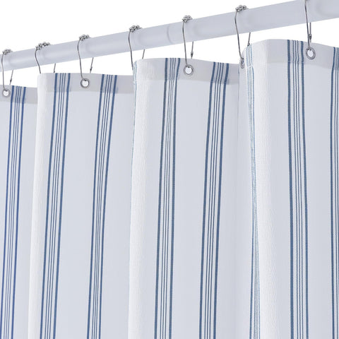 ORTIGIA blue and white striped shower curtain with 12 hooks, ready for effortless installation