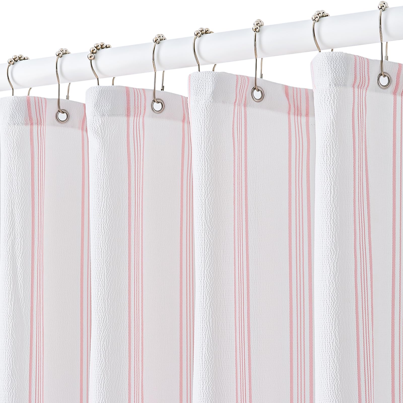 ORTIGIA pink and white striped shower curtain with 12 hooks for easy setup and quick-dry moisture control