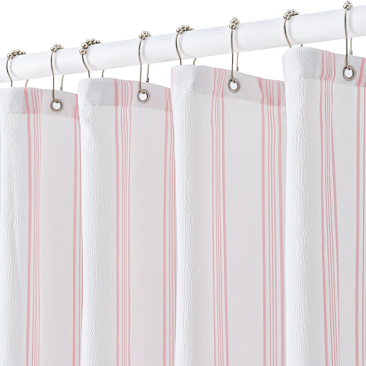 ORTIGIA pink and white striped shower curtain with 12 hooks for easy setup and quick-dry moisture control