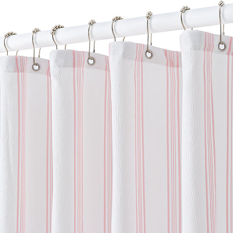 ORTIGIA pink and white striped shower curtain with 12 hooks for easy setup and quick-dry moisture control