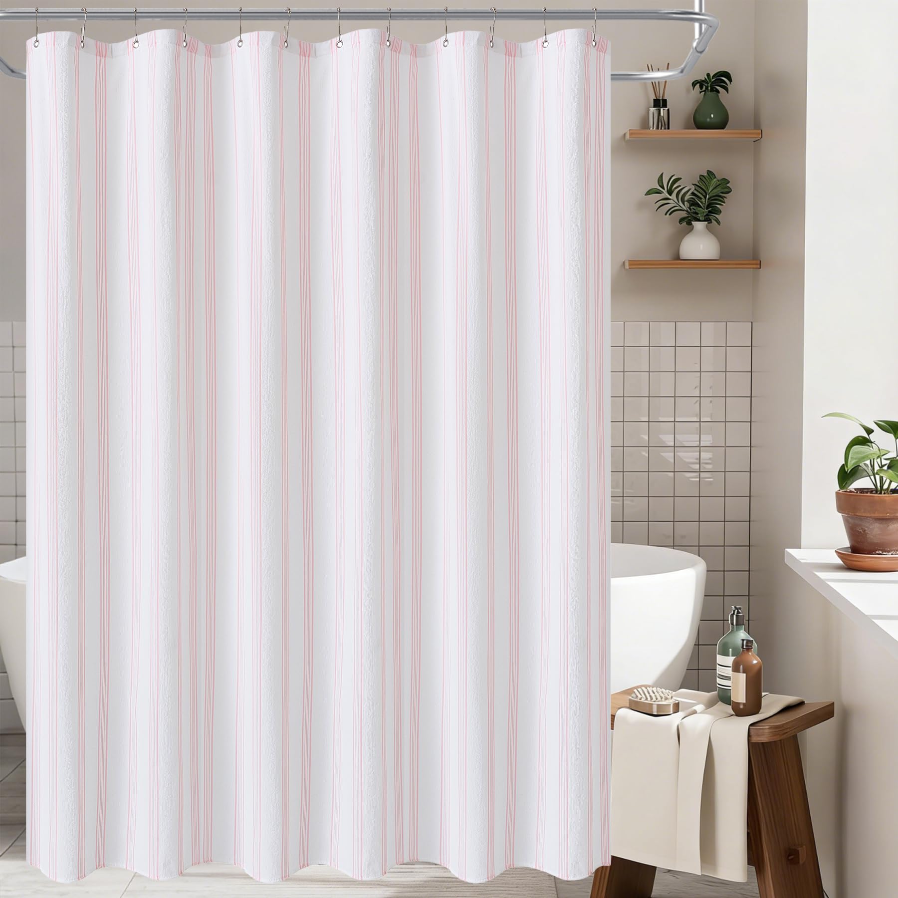 ORTIGIA seersucker texture shower curtain adds gentle pattern and depth