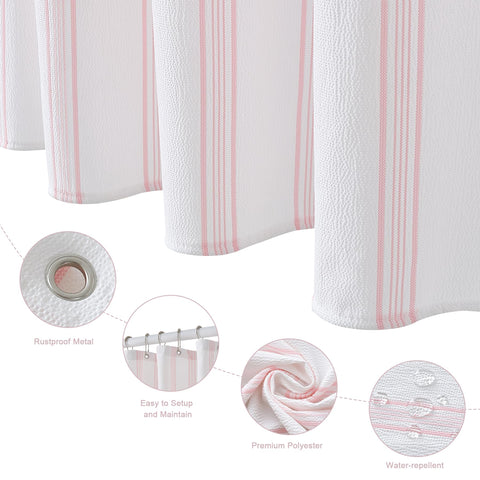 ORTIGIA striped curtain highlights modern farmhouse style for a clean, minimal bathroom aesthetic