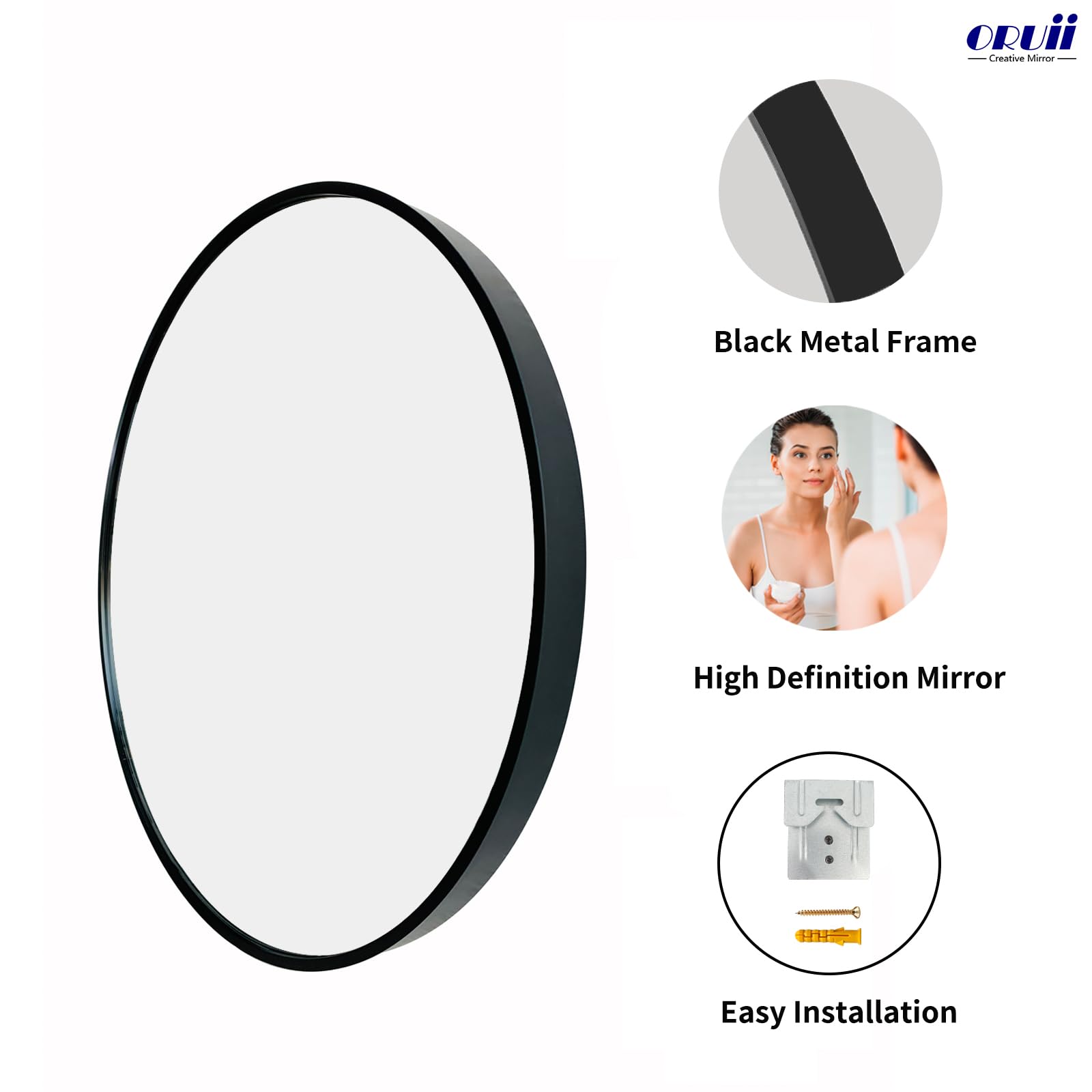 Oruii black round frame mirror ideal for durable rustproof bathroom use.