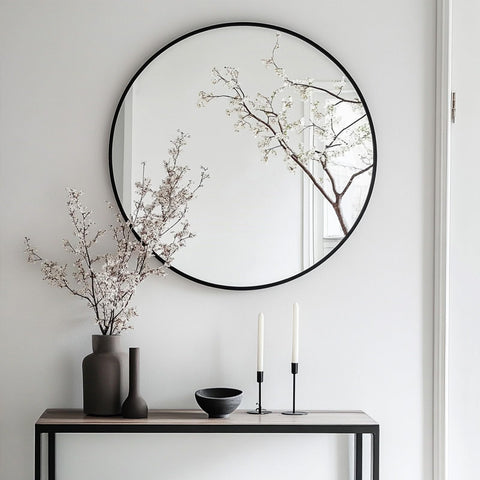 Oruii living room round mirror enhances space with bright, expansive view.