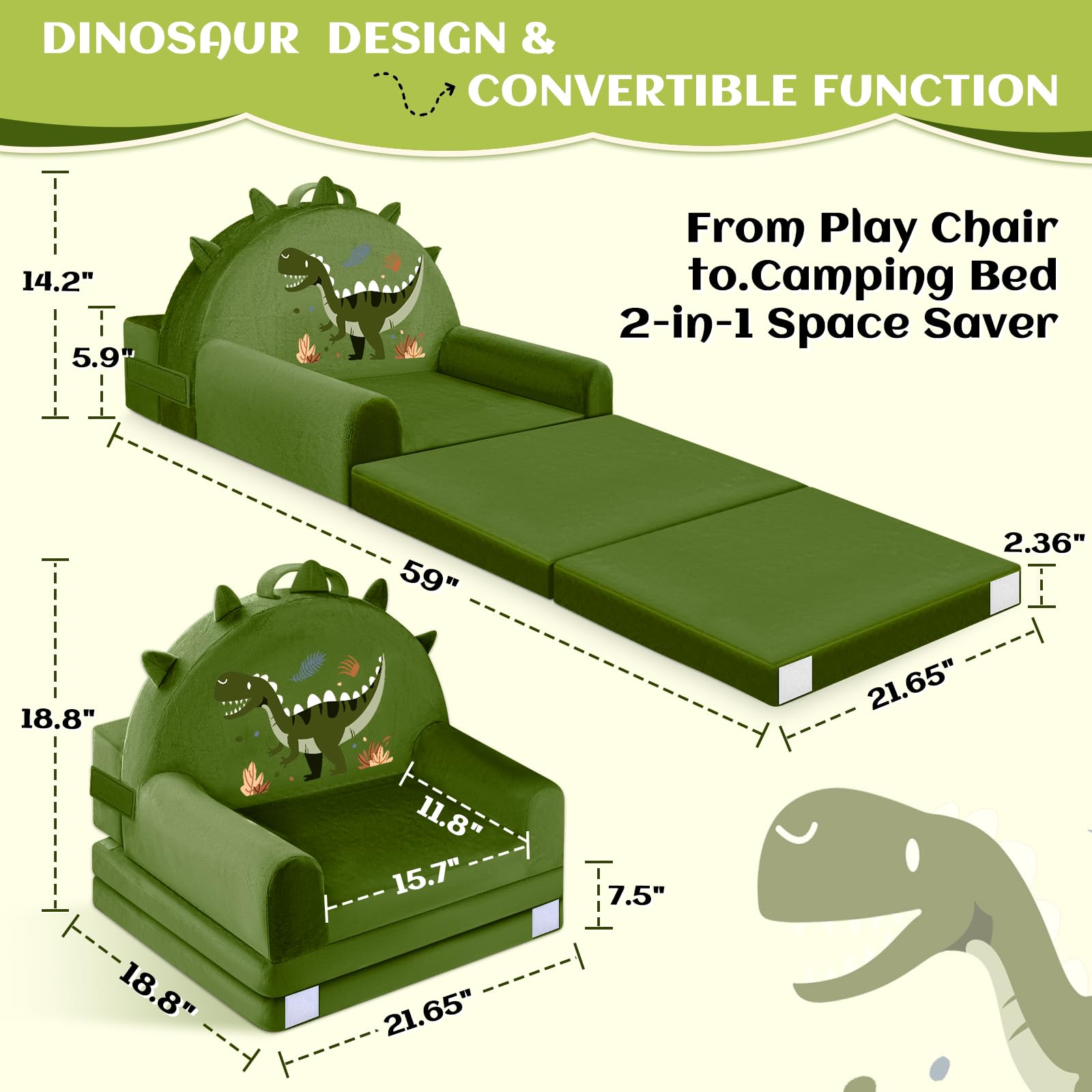 ORWIPO Dinosaur sofa bed backrest remains sturdy during play.
