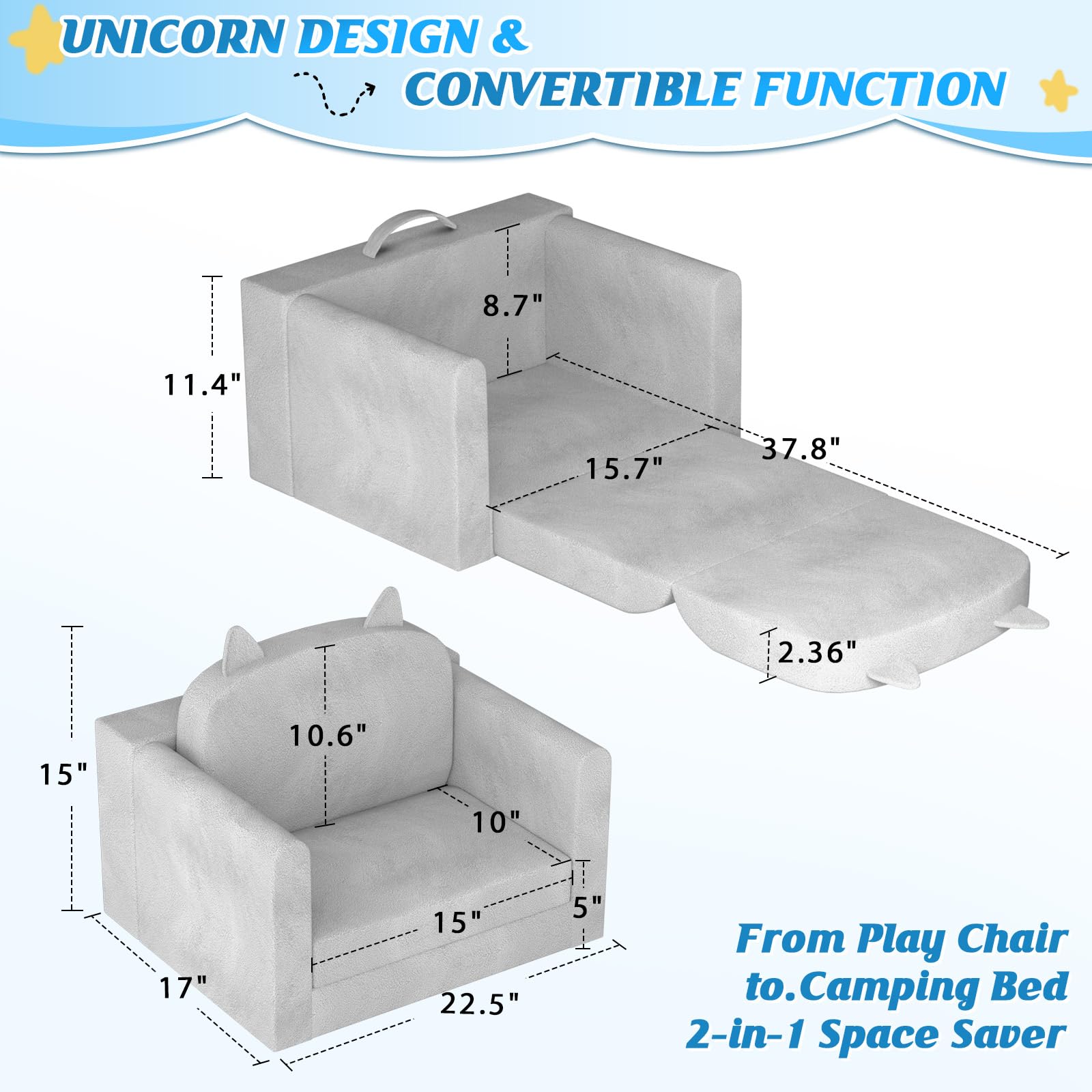 ORWIPO Kids Sofa Bed with reinforced backrest for stability during play