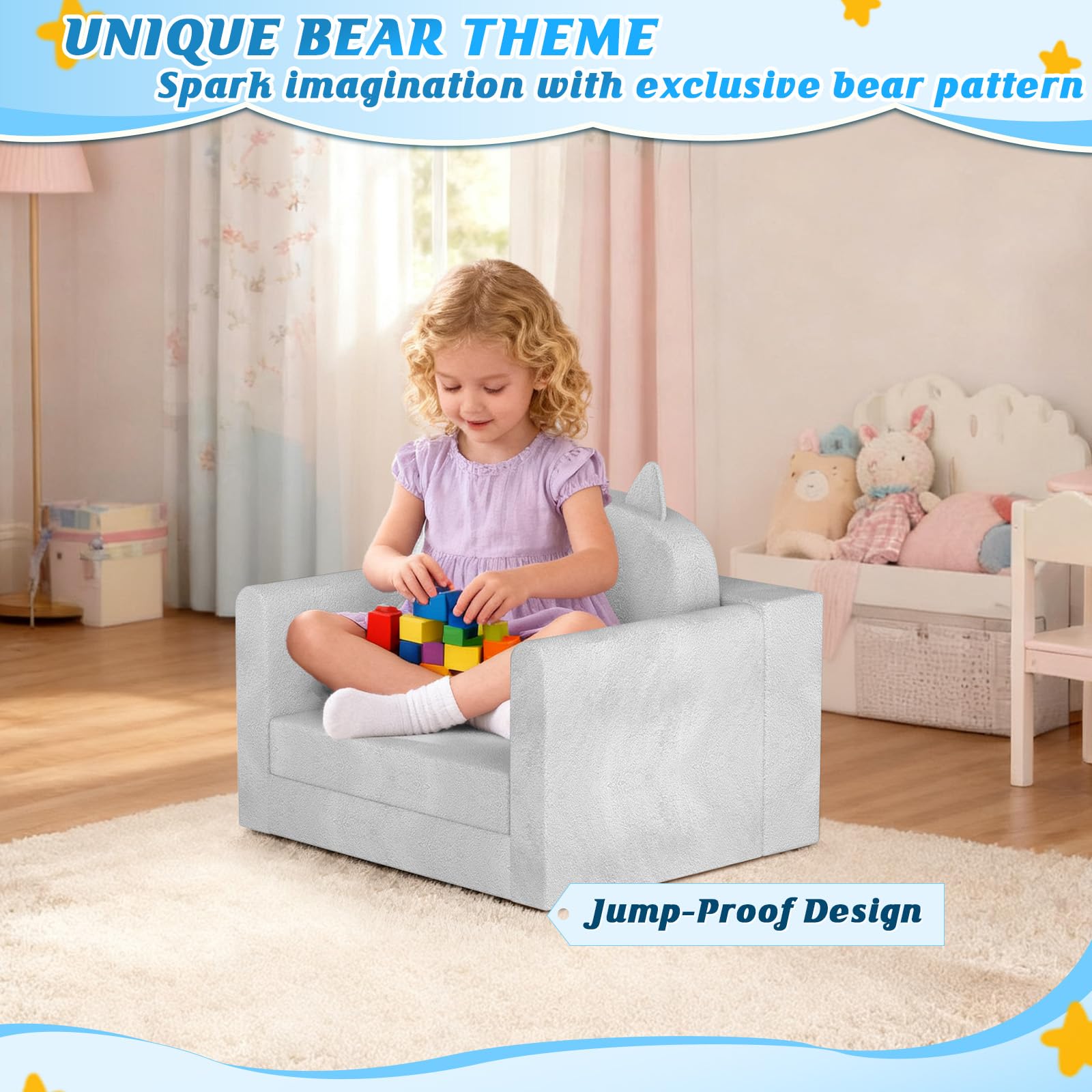 ORWIPO Kids Sofa Bed in soft gray hides dirt