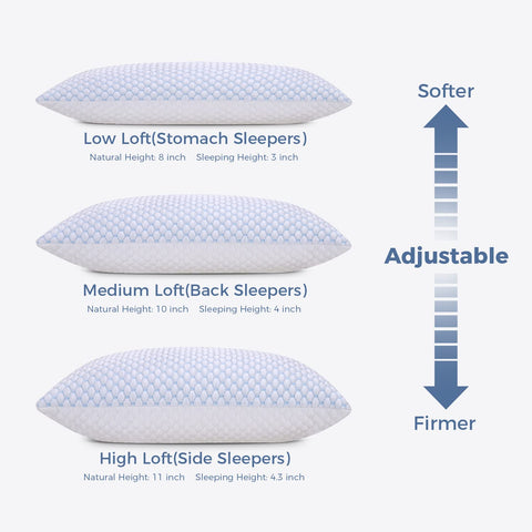 OSBED adjustable loft with memory foam clusters customizes neck support for multiple sleeping positions.