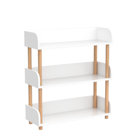OSCHF wooden bookcase in living room displaying decor and books.