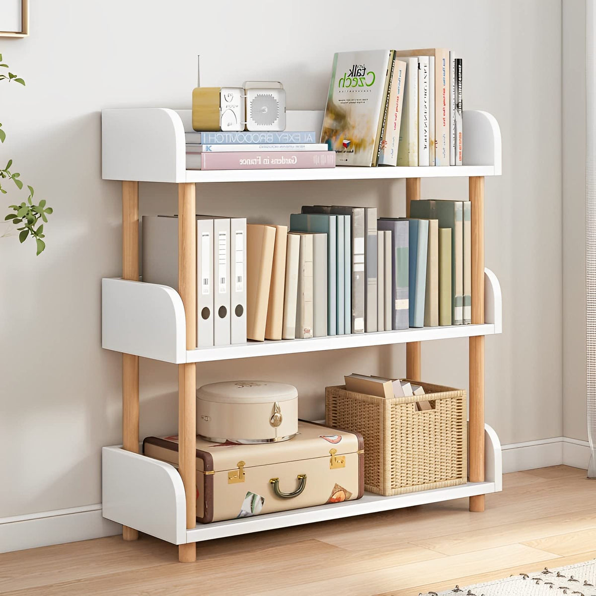 OSCHF 3-tier wooden bookcase top edge keeps books neatly displayed.