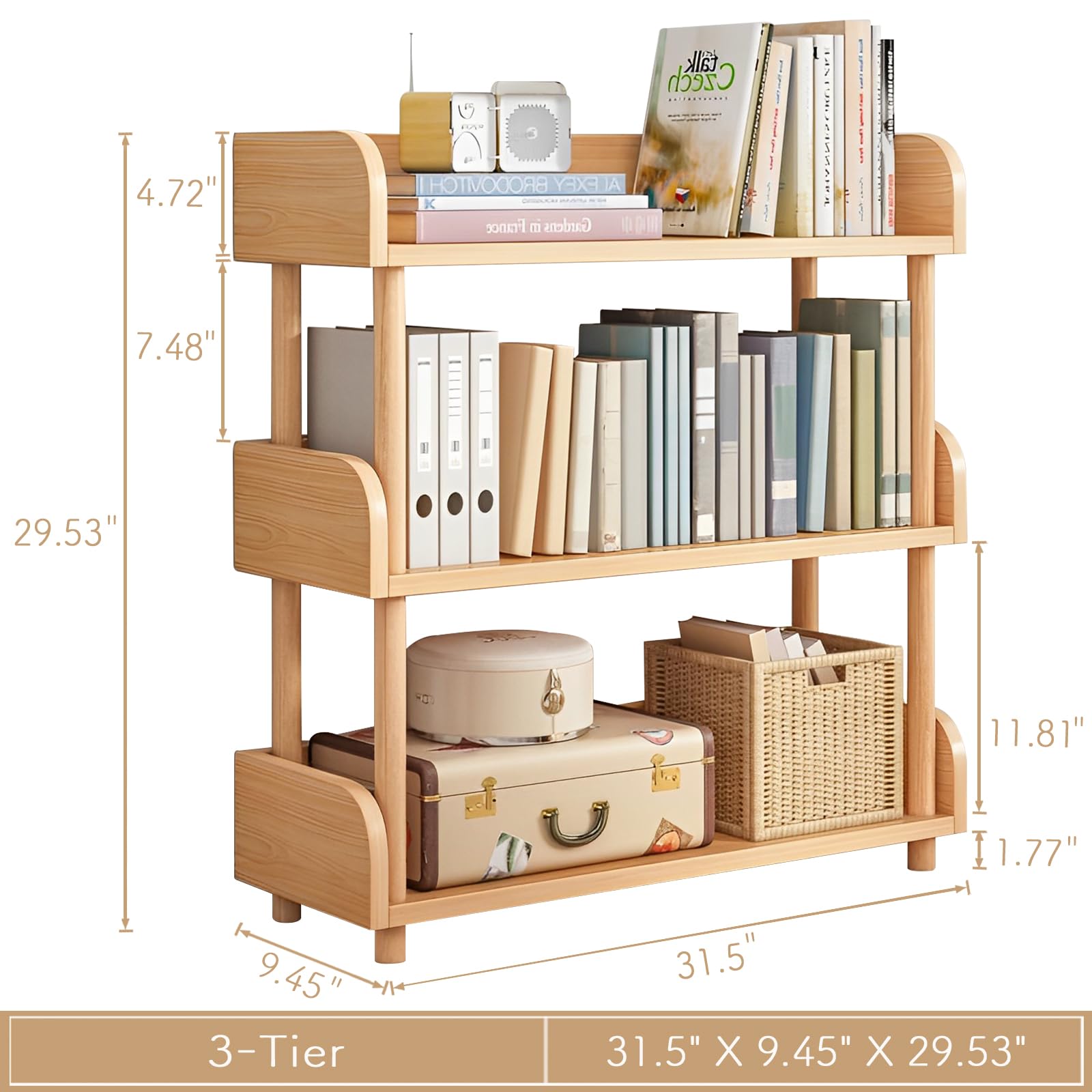 OSCHF 3-tier wooden open bookcase solid wood legs provide sturdy support.