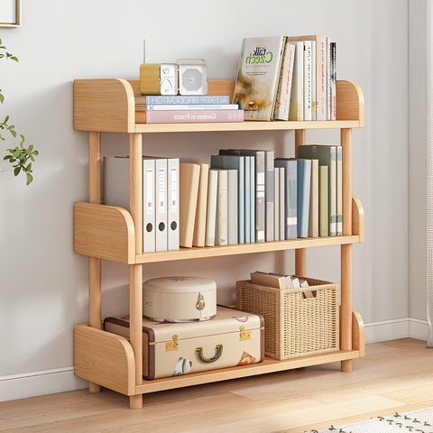 OSCHF 3-tier wooden open bookcase top edge showcases a clean display in Oak finish.