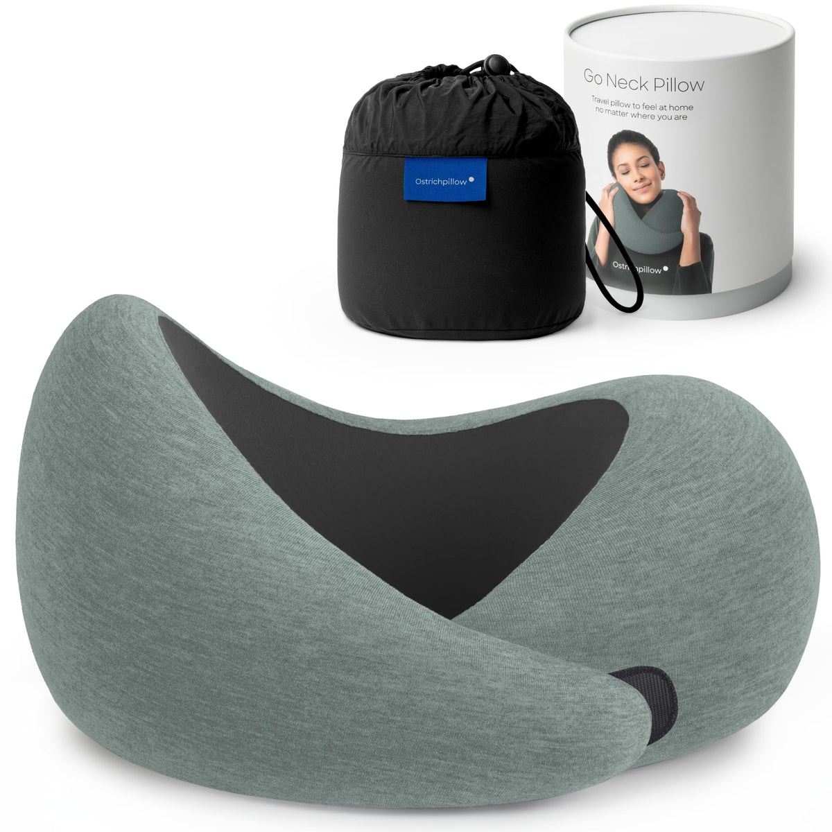 OSTRICH PILLOW Go 360-degree design neck pillow supports upright posture during flights.