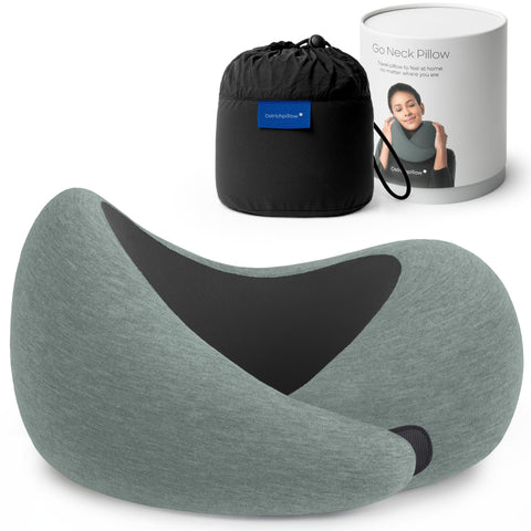OSTRICH PILLOW Go 360-degree design neck pillow supports upright posture during flights.