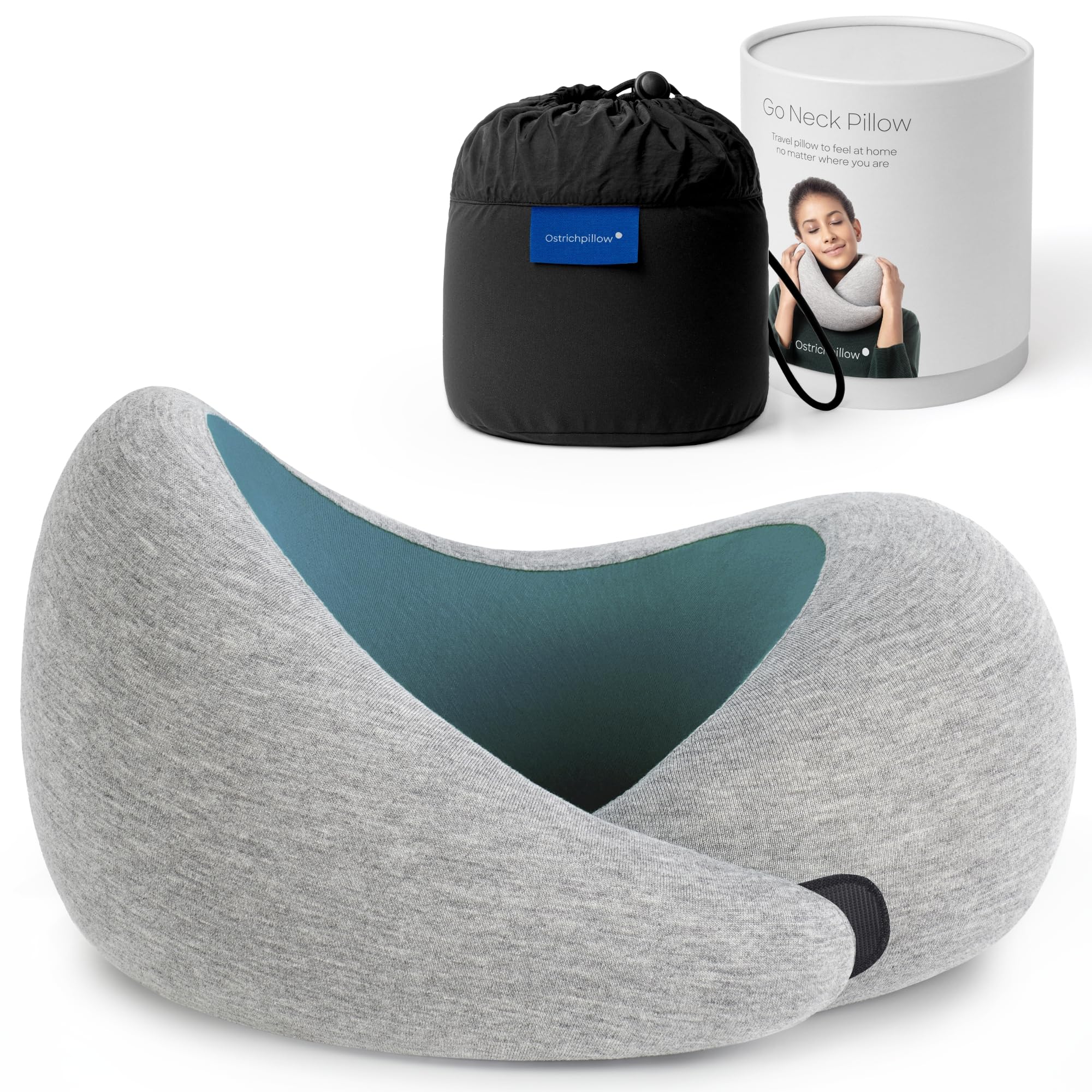 OSTRICH PILLOW Go neck pillow shows 360 design for full neck support on planes.