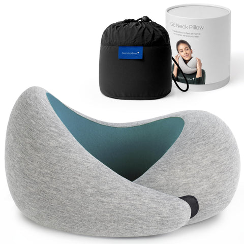 OSTRICH PILLOW Go neck pillow shows 360 design for full neck support on planes.