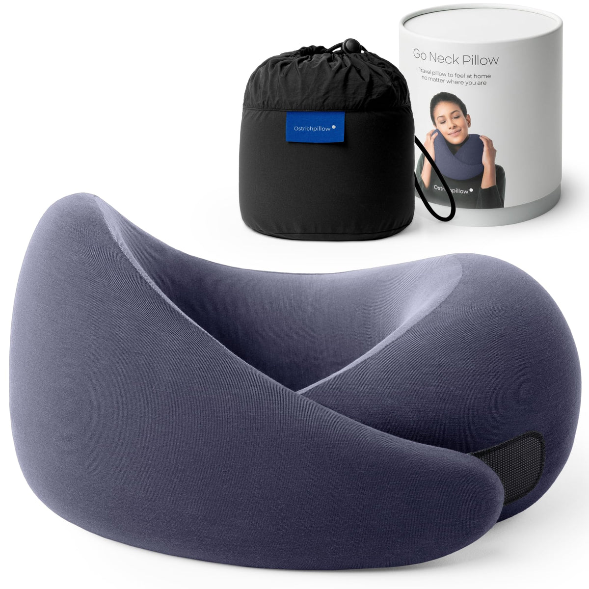OSTRICH PILLOW Go neck pillow front view showing compact travel form and comfort