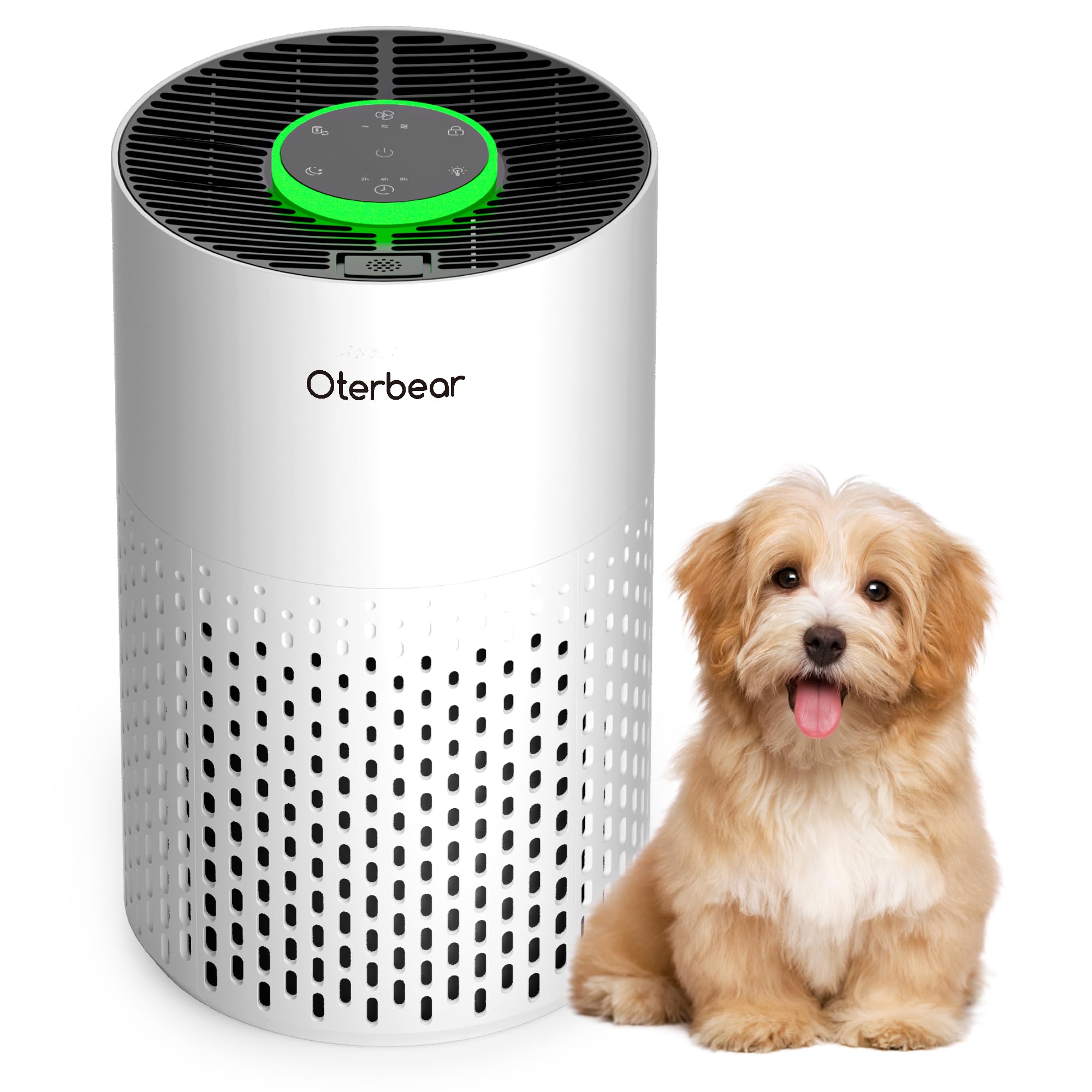 Oterbear air purifier front view showing wide coverage for larger rooms.