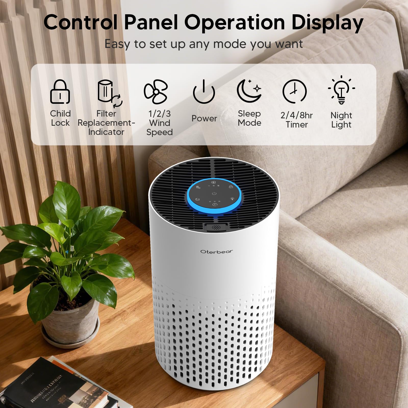 Oterbear air purifier compact bedroom setup fits on a nightstand.
