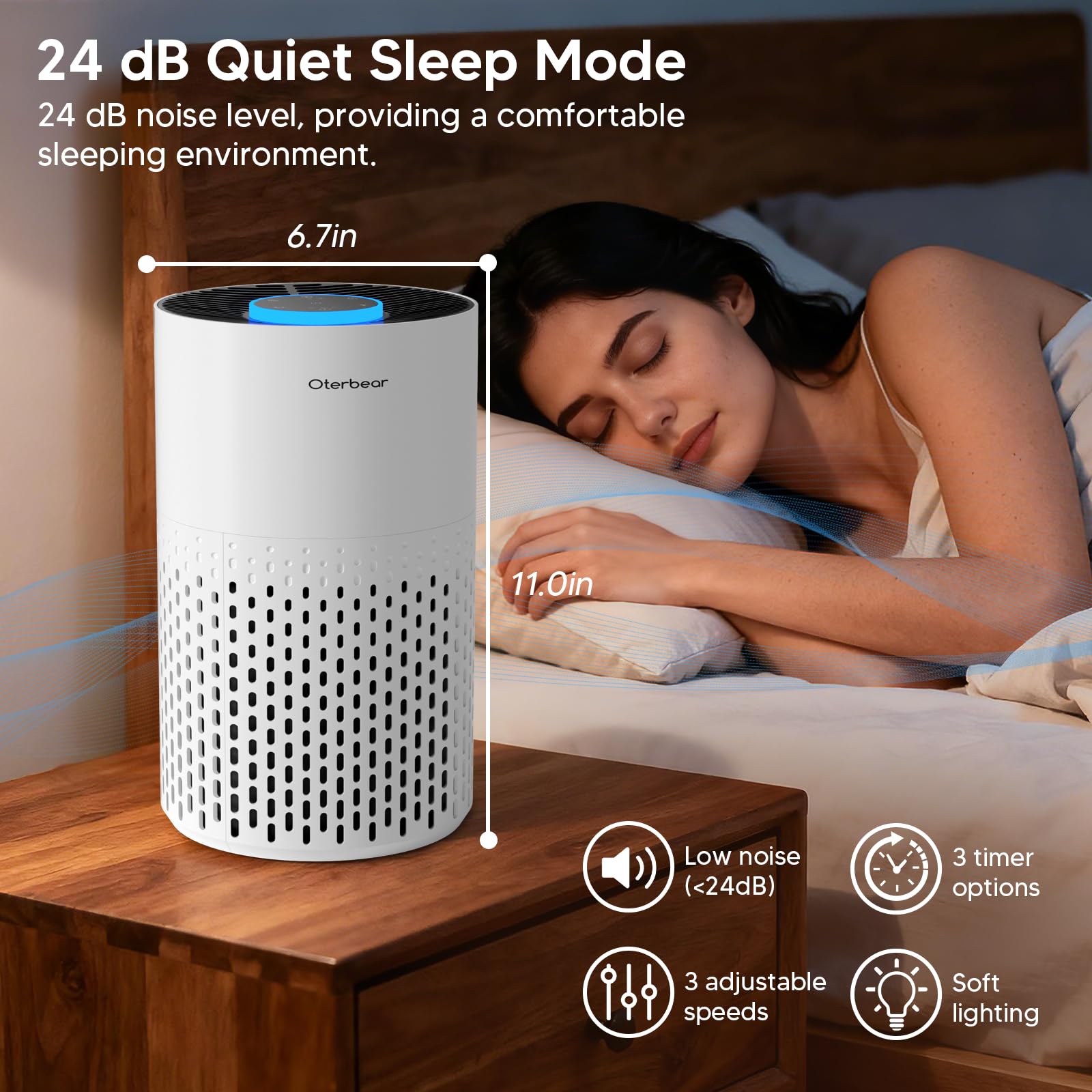 Oterbear air purifier control panel highlights easy timer and speed settings.