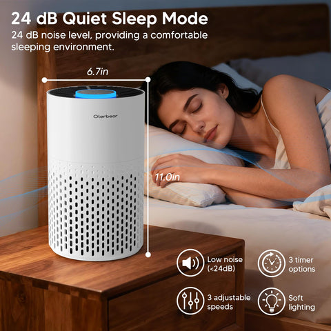 Oterbear air purifier control panel highlights easy timer and speed settings.