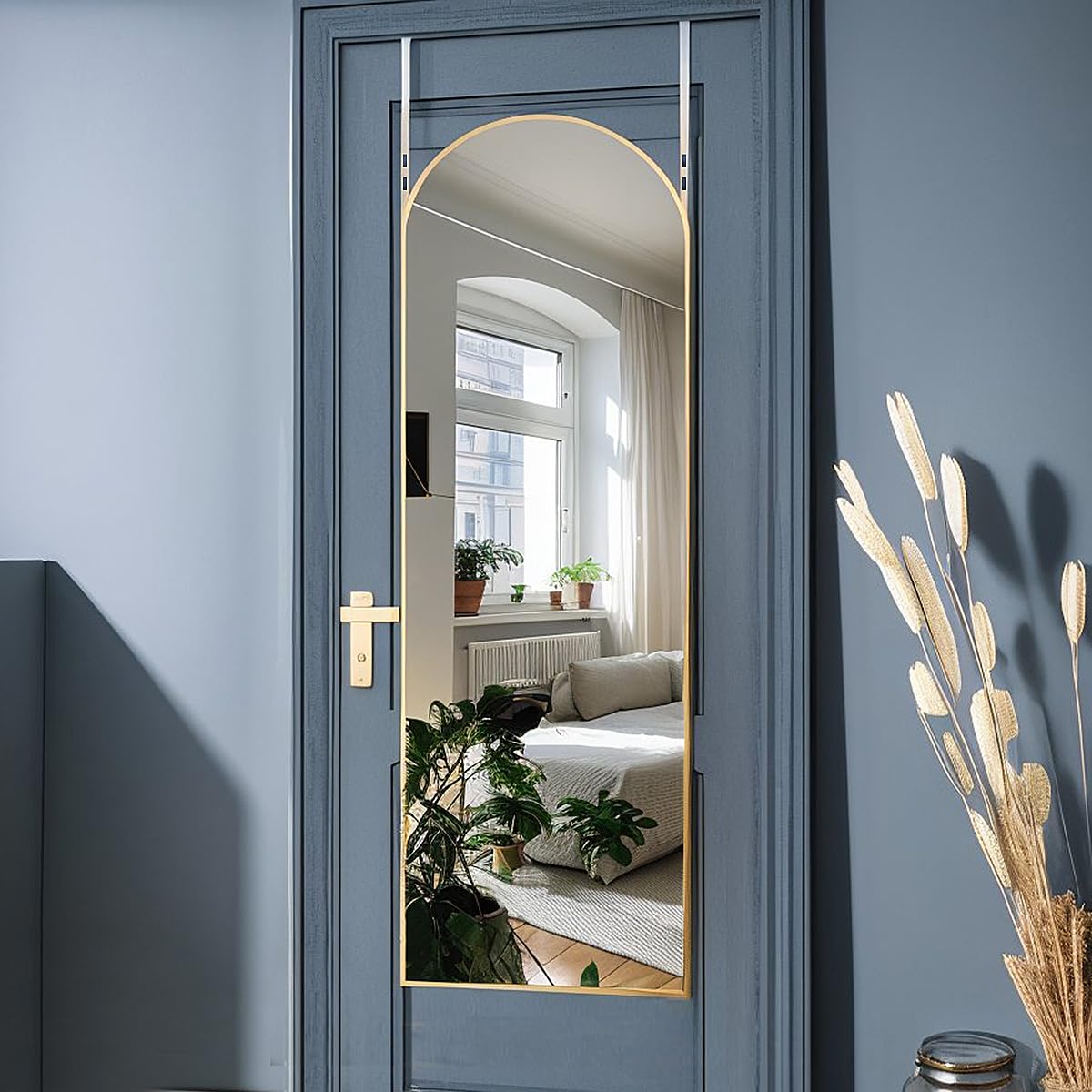 Otlsh arch wall mirror front view in gold finish ideal for full-body reflections