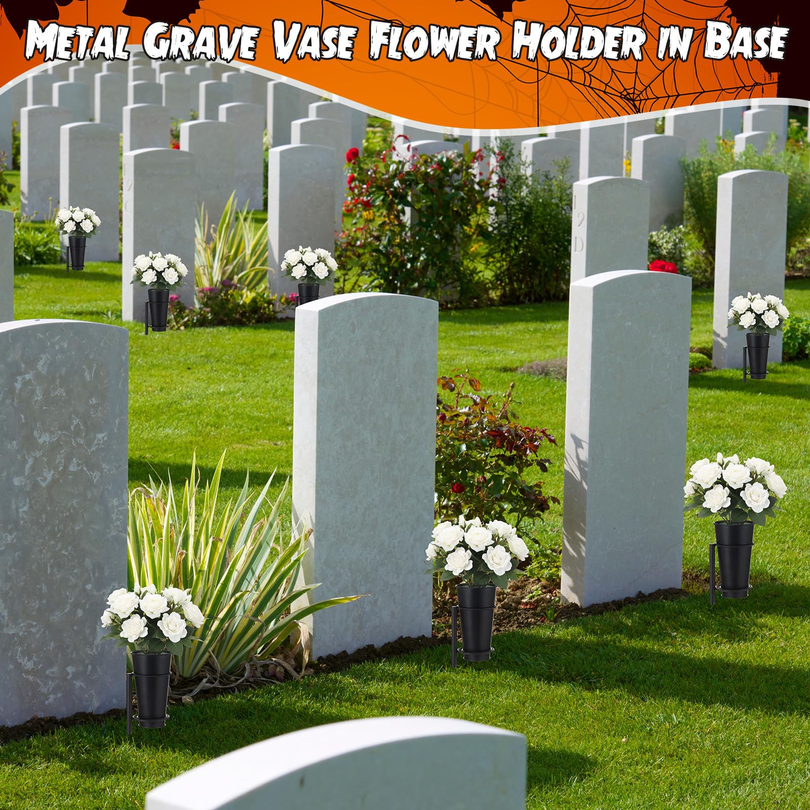 Otoolling black cemetery vase with included floral foam accommodates various flowers.