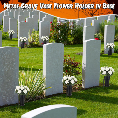 Otoolling black cemetery vase with included floral foam accommodates various flowers.