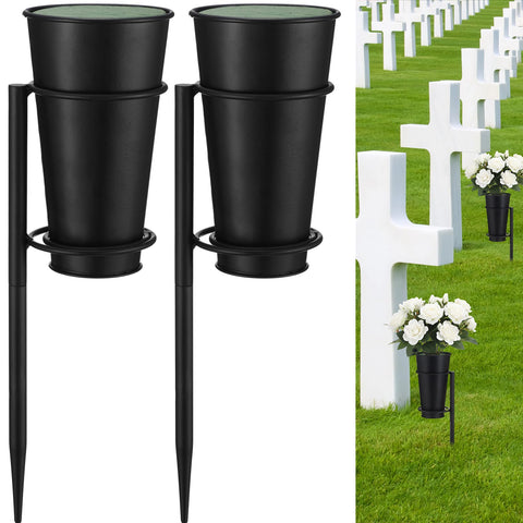 Otoolling cemetery vase with stake shows secure in-ground placement for grave decoration.