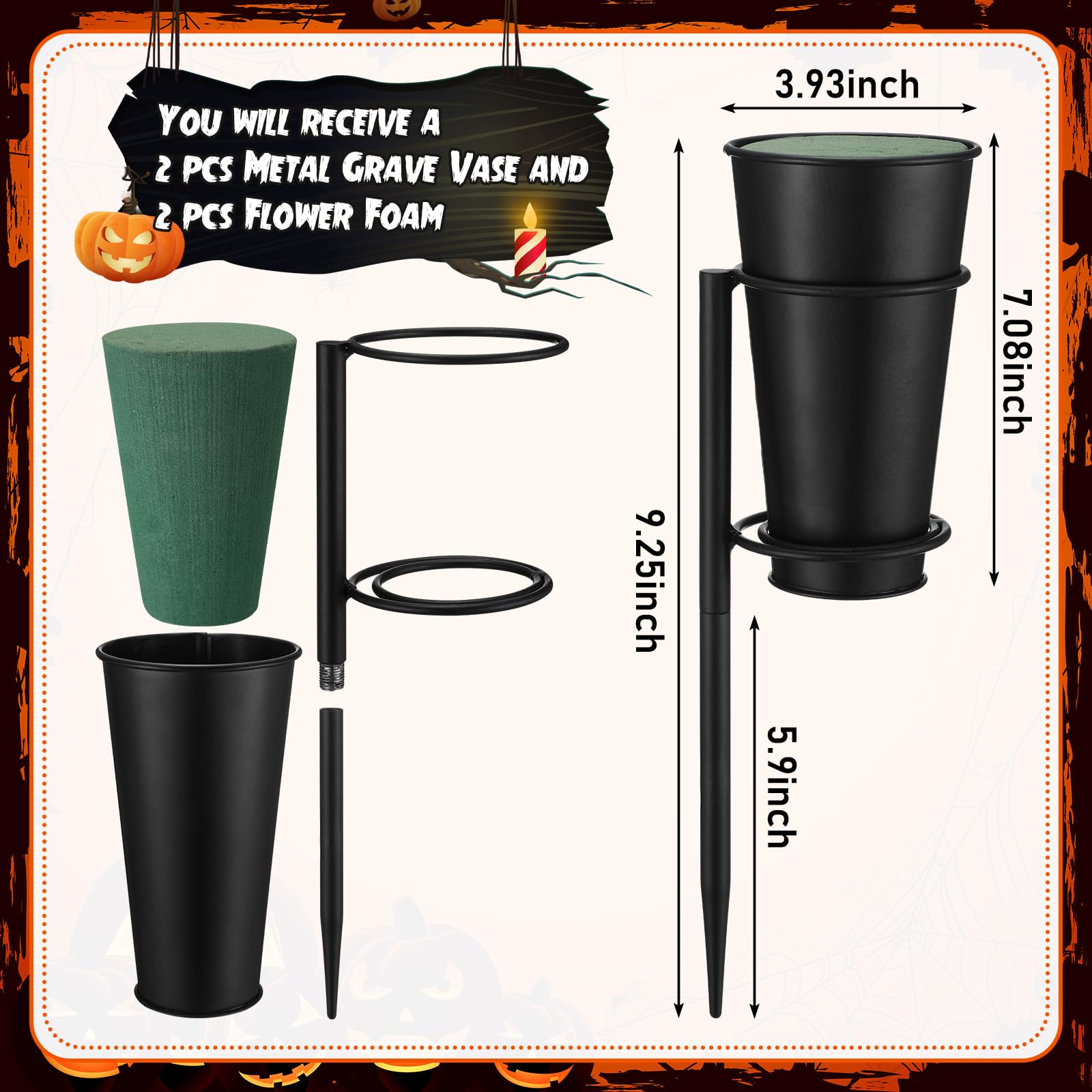 Otoolling metal grave vase in black finish ideal for stable tombstone arrangements.