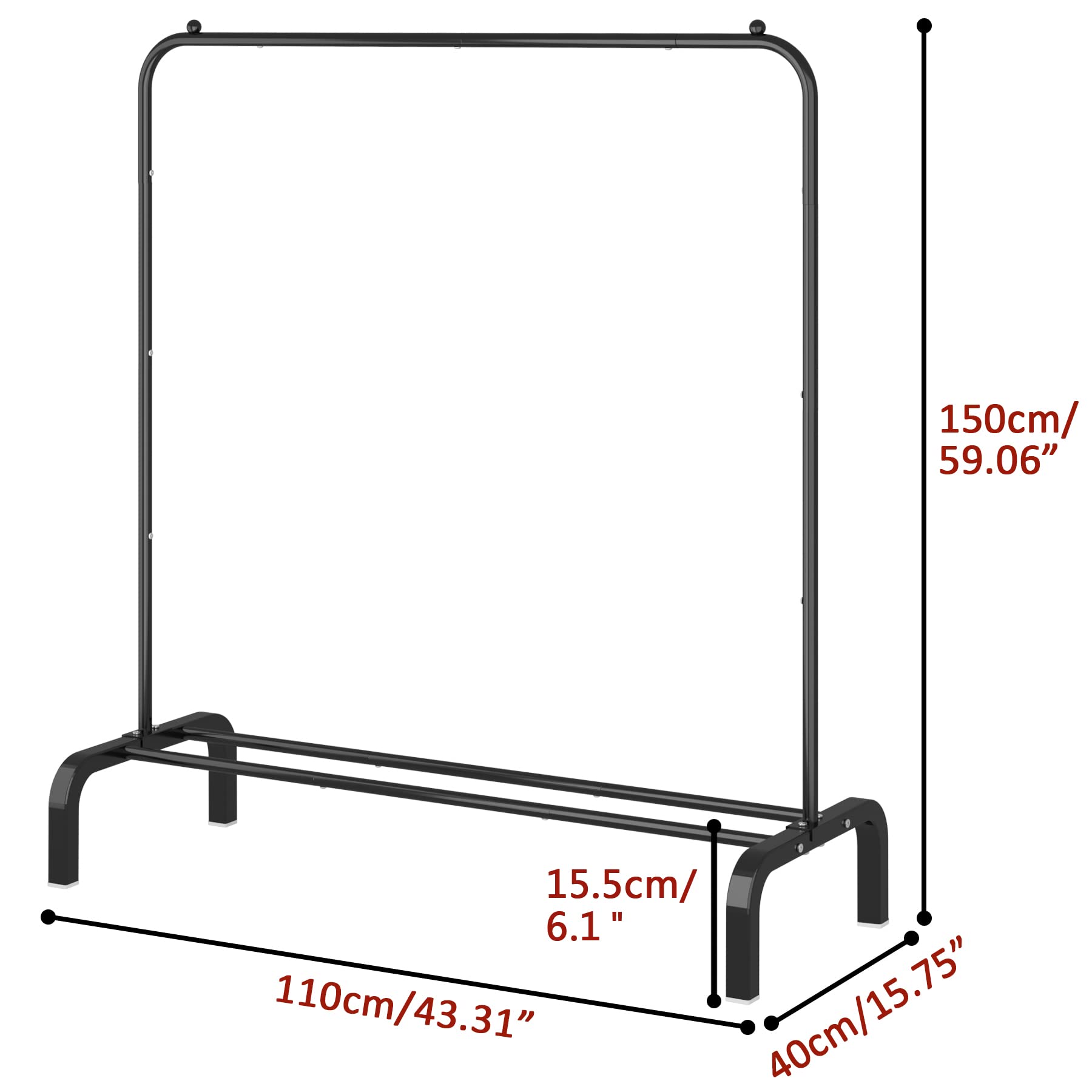 OTROUWORHT clothes rack with dimensions shows tall height for long coats and dresses.