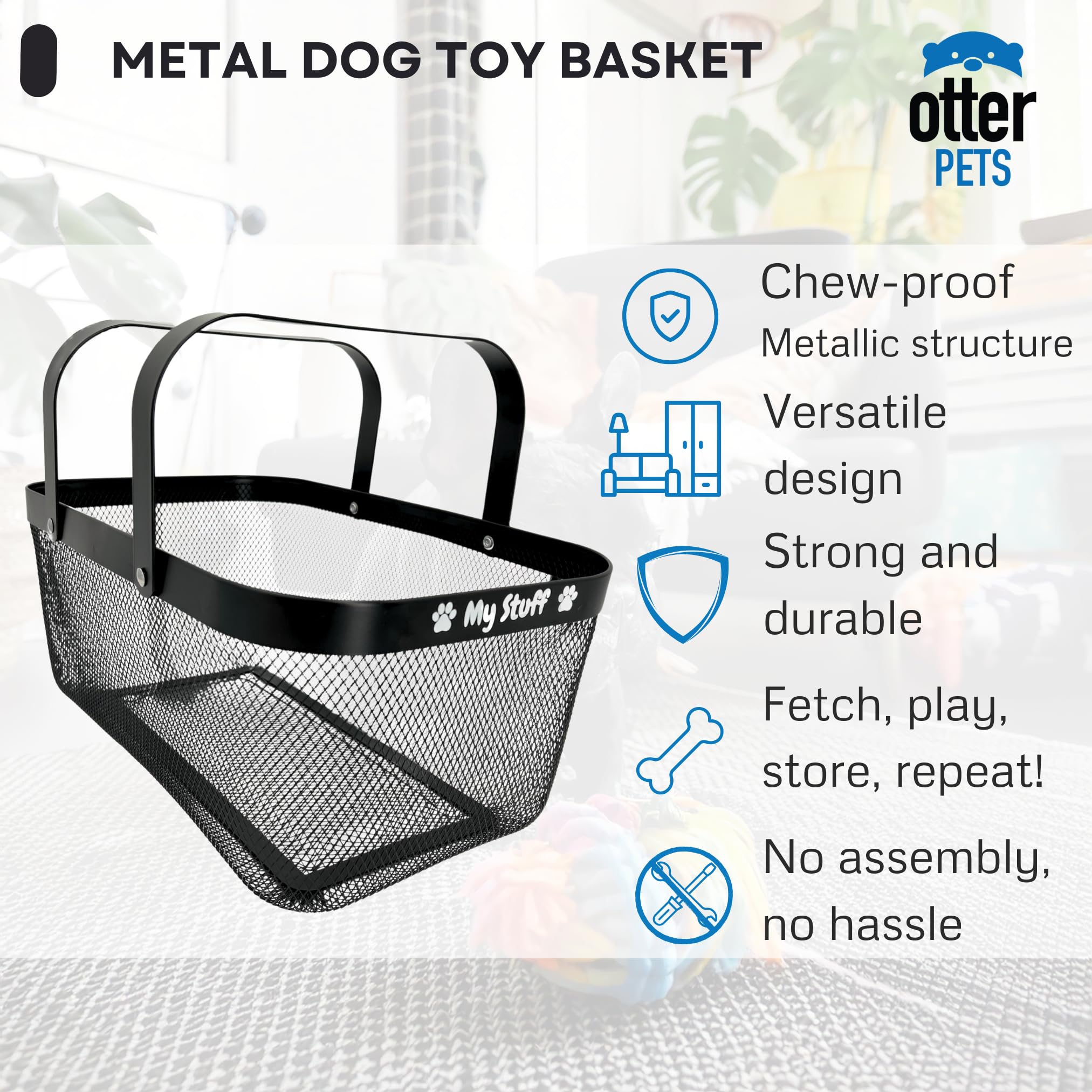 OtterPets dog toy basket metal mesh close-up highlighting chew-proof construction.
