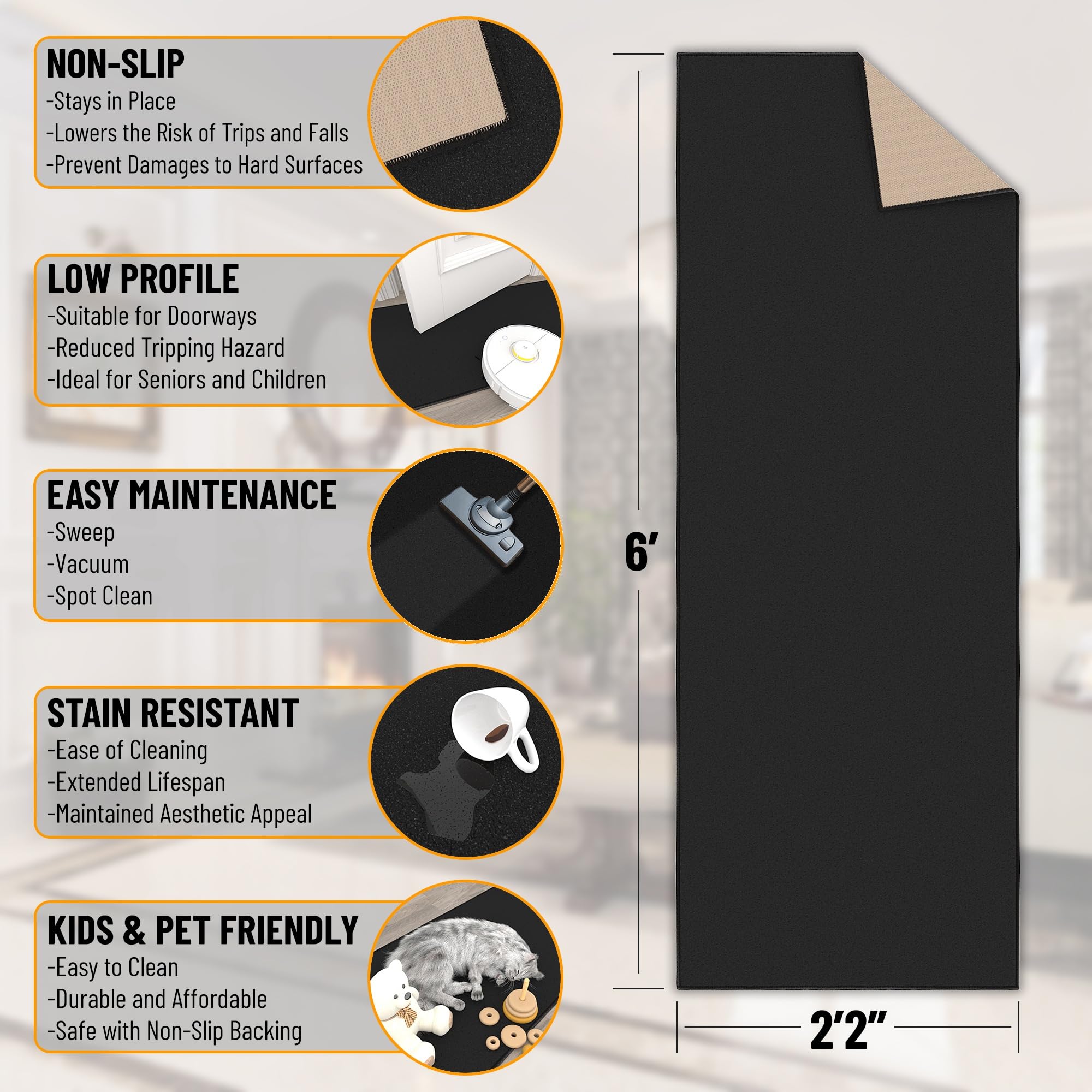 Ottomanson black low-pile runner allows smooth door clearance in hallways.