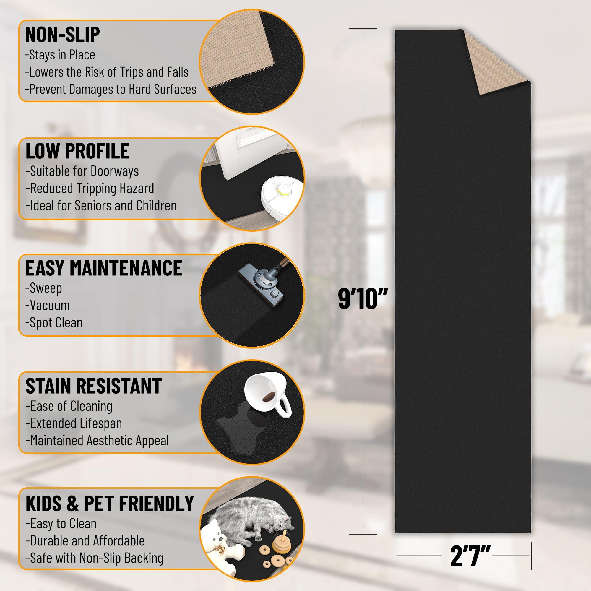 Ottomanson black low-pile hallway runner keeps doors clear and furniture easy to move.