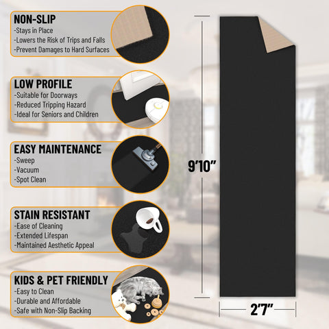 Ottomanson black low-pile hallway runner keeps doors clear and furniture easy to move.