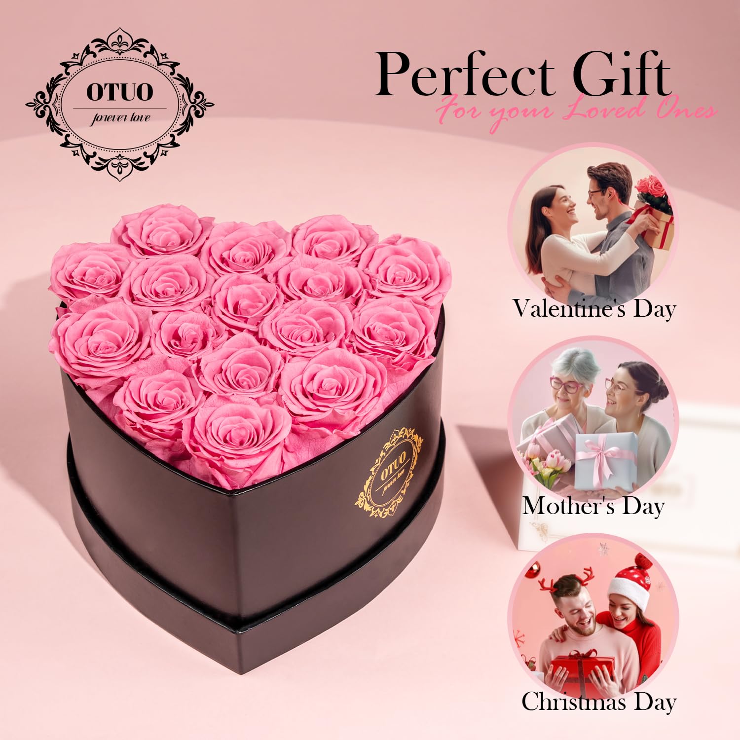 Otuo pink preserved roses on display add gentle decor touch.