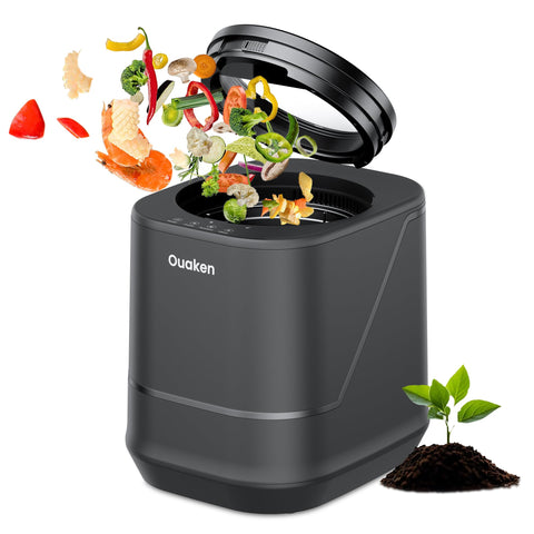 Ouaken 4L electric composter on countertop reduces kitchen waste.