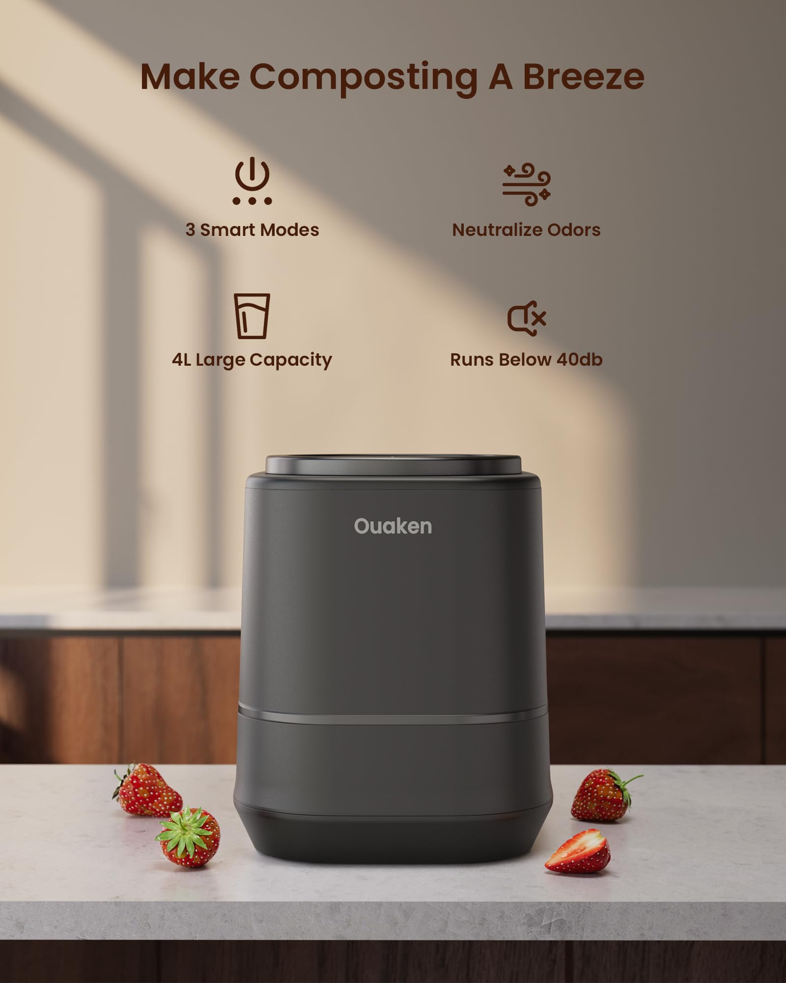 Ouaken odor-filter removes odors during composting, keeping kitchen fresh.