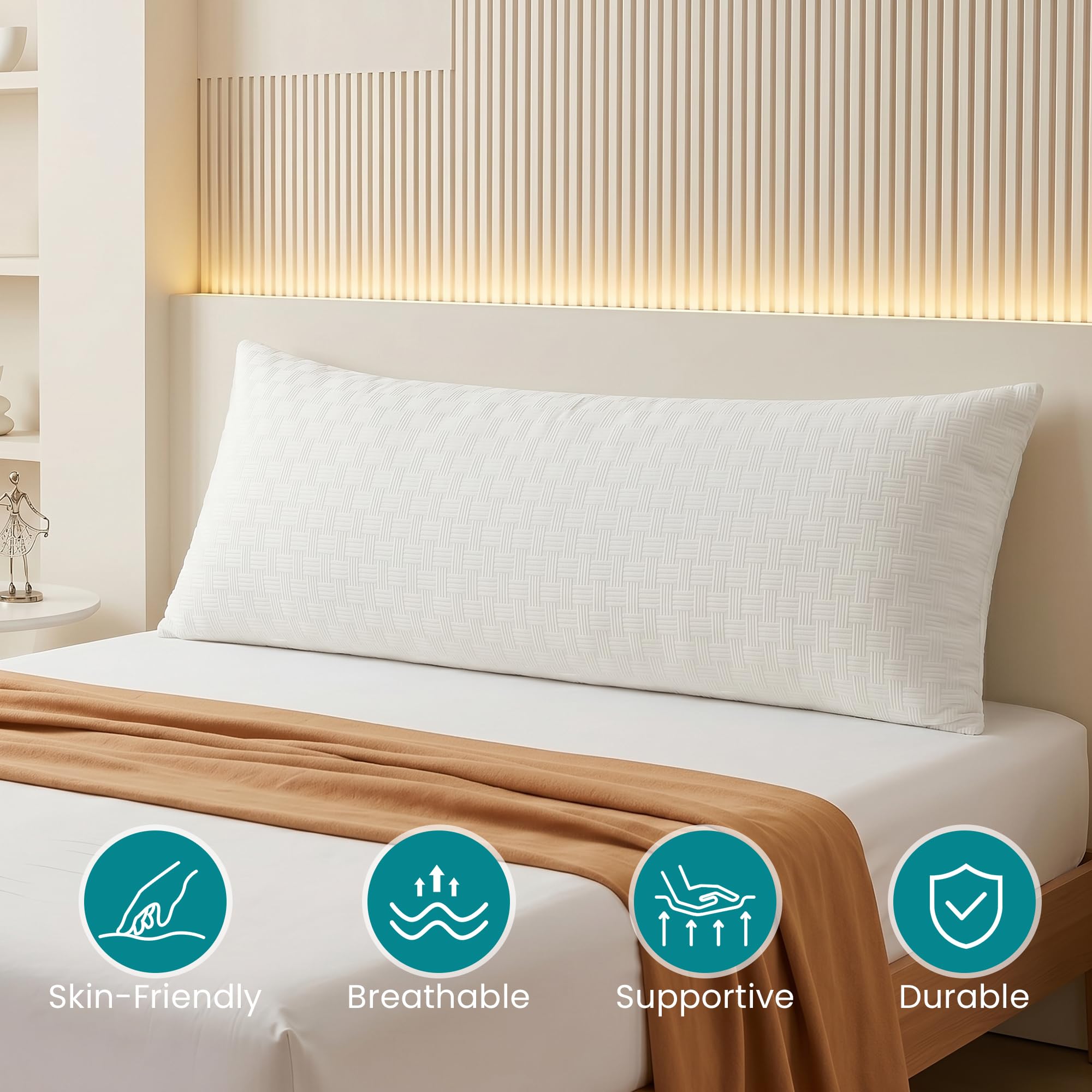 Oubonun full body pillow demonstrates head-to-toe support for improved sleep alignment.