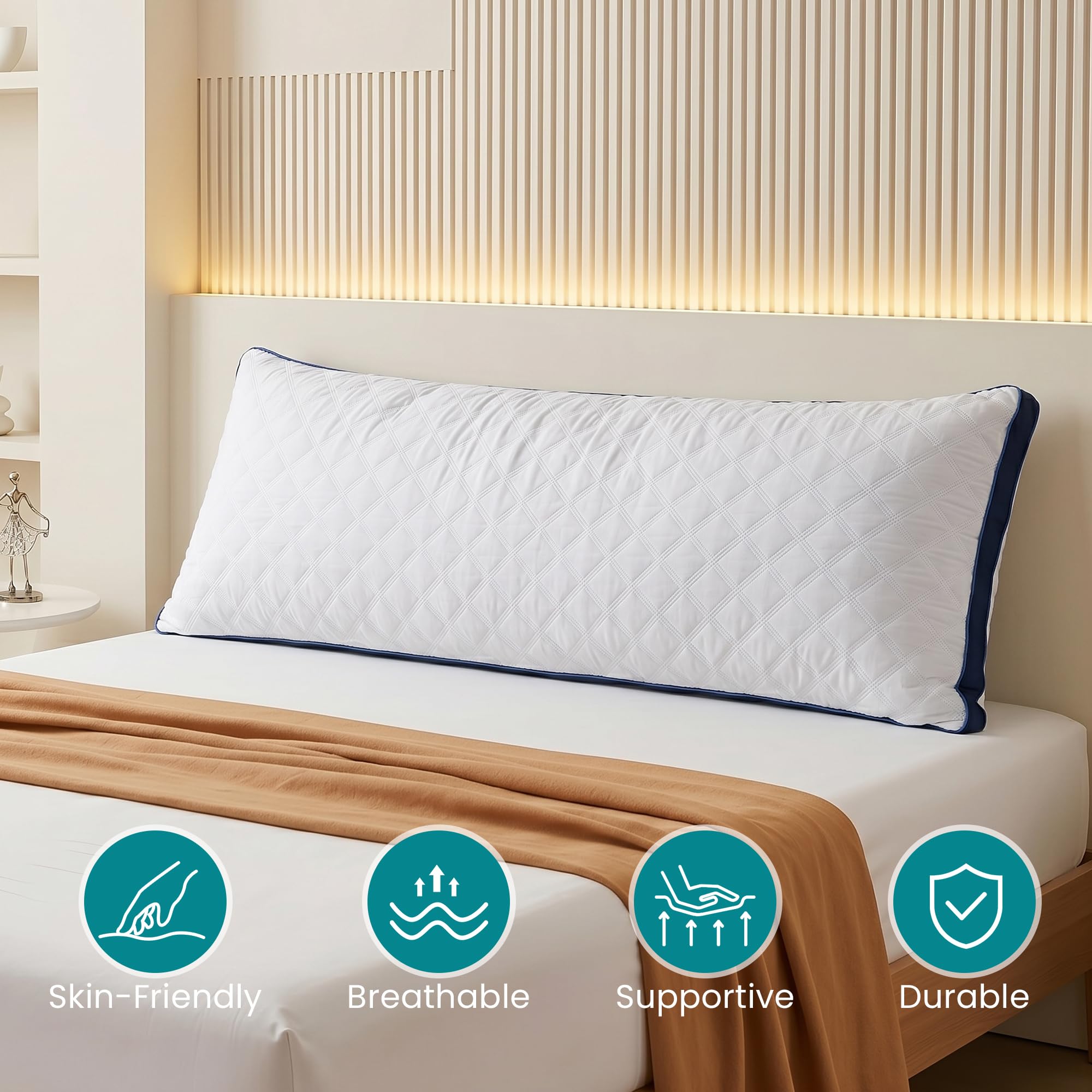 Oubonun full-body support pillow illustrating 21x54 dimensions for optimal side sleeping alignment.