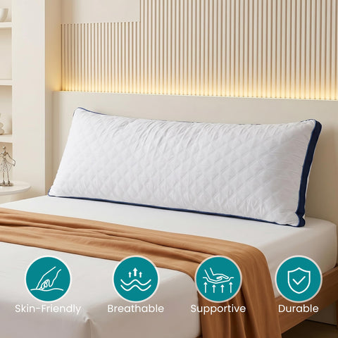 Oubonun full-body support pillow illustrating 21x54 dimensions for optimal side sleeping alignment.