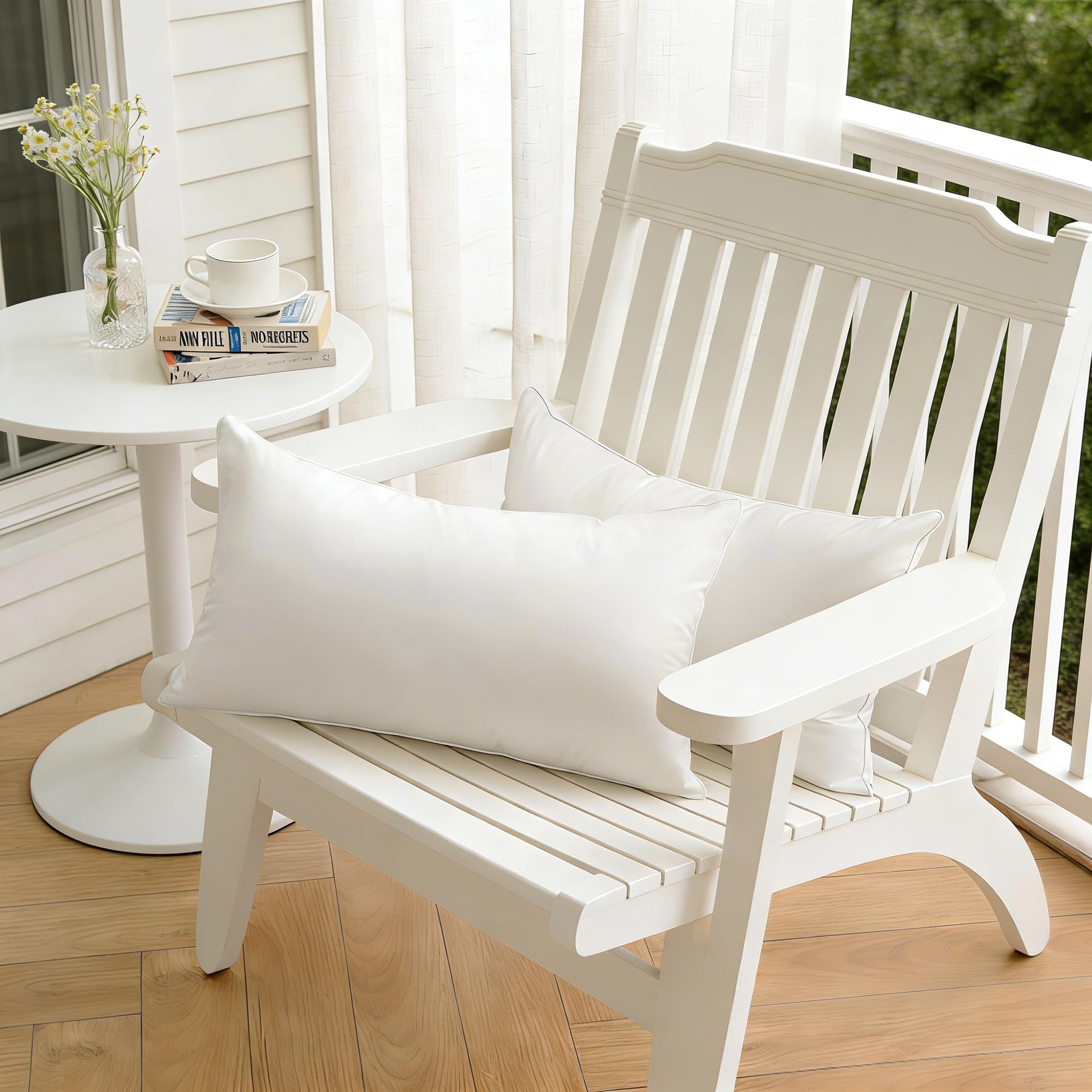 Oubonun outdoor pillow insert on sofa and bed setup.