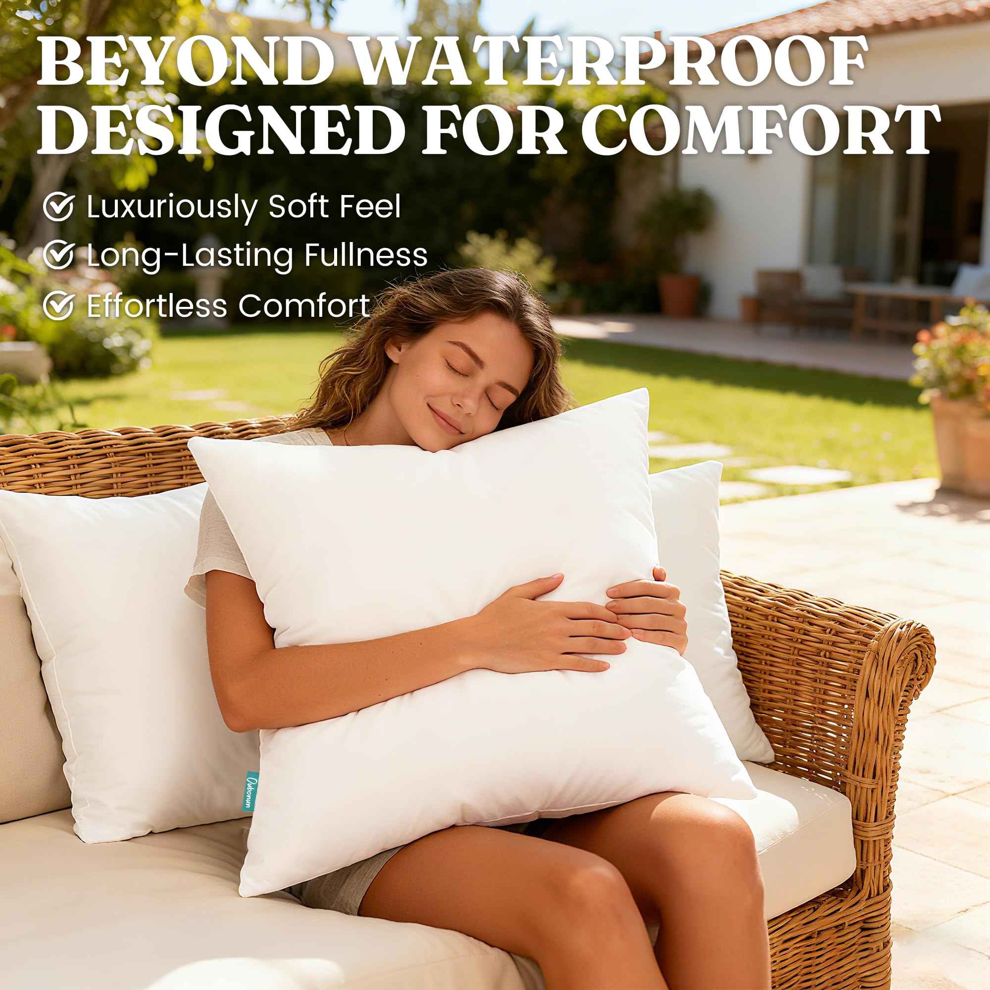 Oubonun waterproof pillow insert features moisture-resistant fabric for indoor or outdoor protection.
