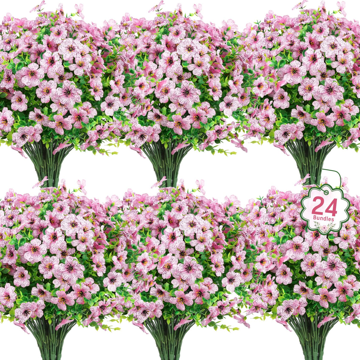 Ouddy Decor pink outdoor artificial flowers in a 24-bundle set for patio decor.