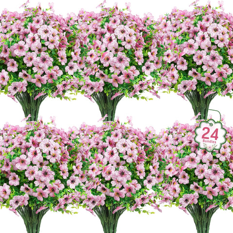 Ouddy Decor pink outdoor artificial flowers in a 24-bundle set for patio decor.