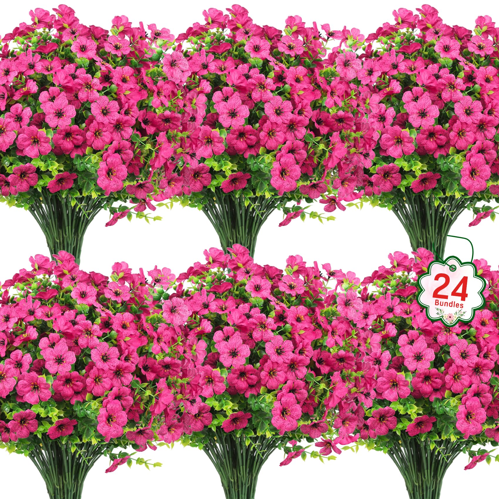 Ouddy Decor 24-bundle outdoor artificial flowers in rose red for long-lasting garden display