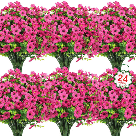 Ouddy Decor 24-bundle outdoor artificial flowers in rose red for long-lasting garden display