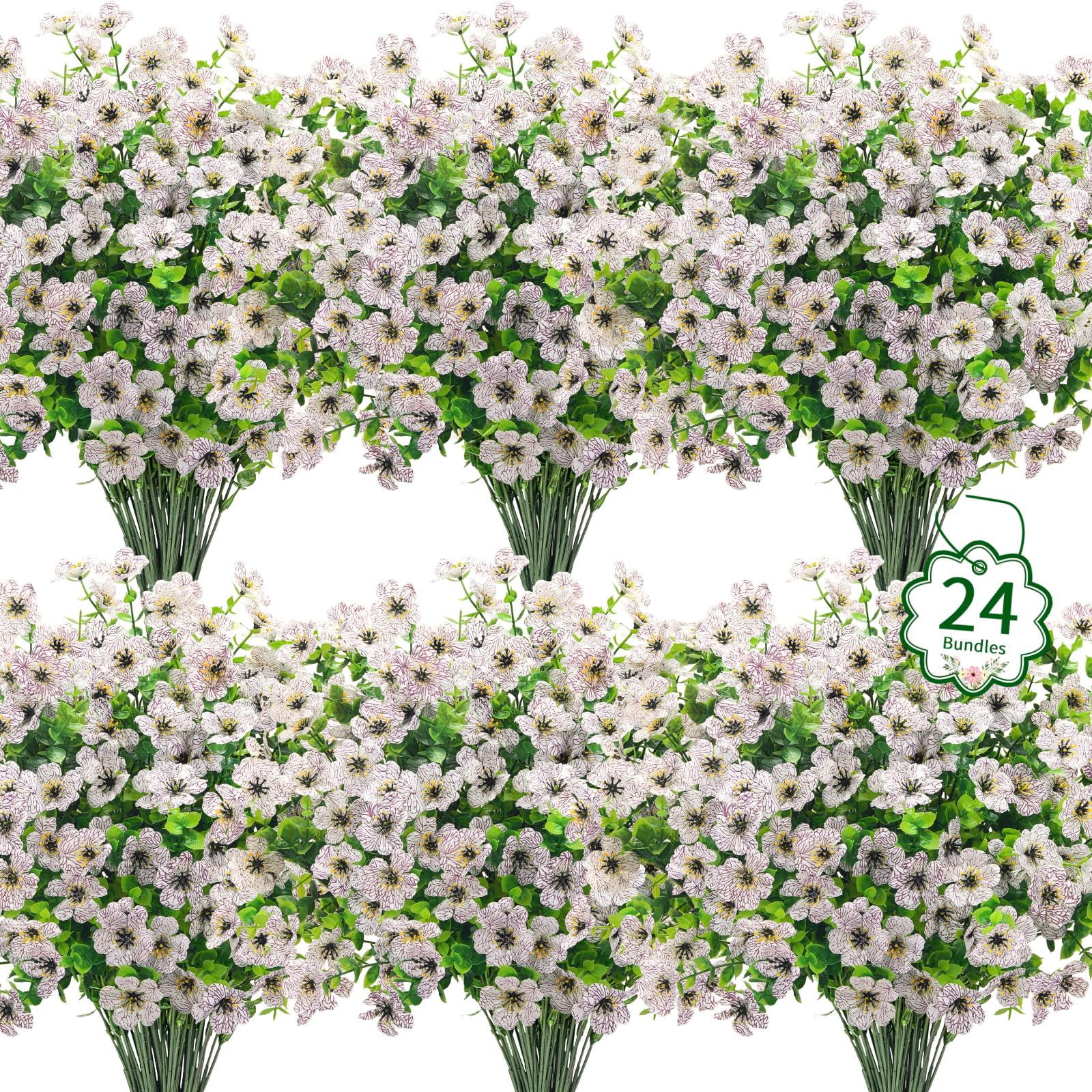 Ouddy Decor 24-pack outdoor flowers in packaged display, durable for year-round outdoor use.